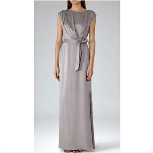 Reiss Hera Gray Tie Waist 100% Silk Maxi Dress with Side Slit